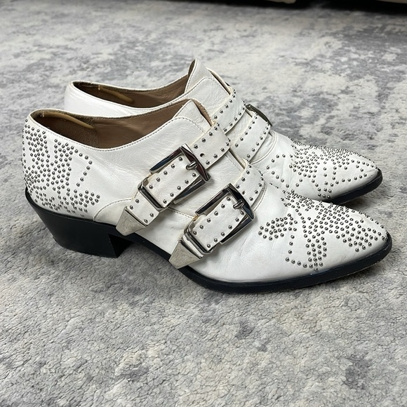 Chloe Leather Studded Buckle Strap Short Susanna Shoes White Ivory Sz 37 - Picture 4 of 13